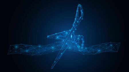 Scissors cut the ribbon. Concept of starting a new project, opening an object, destruction of the barrier. Low-poly 3d vector illustration consisting of lines and points.のイラスト素材