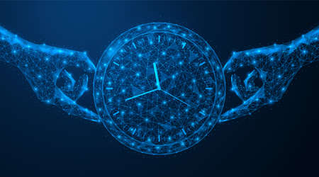 Hands holding the watch. The concept of time management. Reminder of the deadline for completing tasks. Low-poly construction of lines and points. Blue background.のイラスト素材