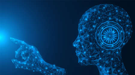 A low-poly humanoid robot. Touch a point of light. Artificial intelligence. Blue background.のイラスト素材