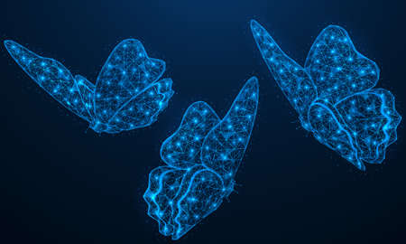 Futuristic fluttering butterflies. Polygonal construction of connected lines and points. Blue...