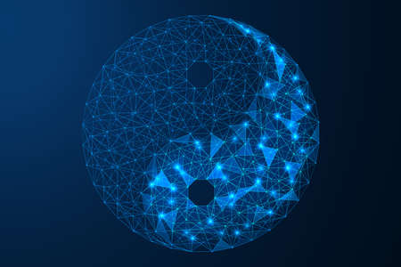 The sign of Yin Yang. Symbol of harmony and balance. Low-poly three-dimensional design of interlocking lines and dots. Blue background.のイラスト素材