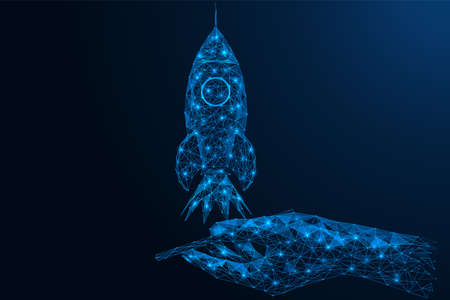The concept of business ideas, startup. Launch a rocket from your smartphone. A hand holding a mobile phone and a spaceship taking off from it. Polygonal design. Blue background.のイラスト素材