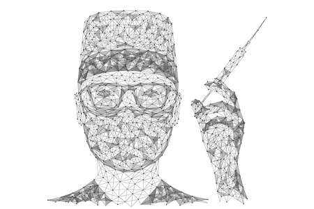 A doctor in a medical mask and glasses with a syringe in his hand. Low-poly design of interlocking lines and dots.のイラスト素材