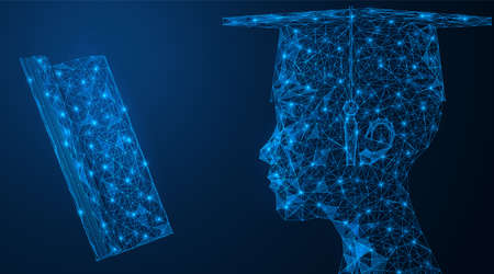 The concept of learning. A graduate student gets knowledge from a book. Low-poly design of...
