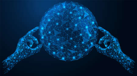 The hands holding the globe. The concept of global data exchange. Polygonal construction of concatenated lines and points. Blue background.のイラスト素材