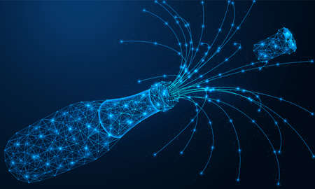 Champagne. Bright splashes with a cork fly out of the bottle. Low-poly design of interlocking lines and dots. Blue background.のイラスト素材