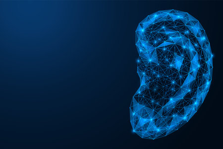 The ear of the person. Polygonal construction of concatenated lines and points. Blue background.のイラスト素材