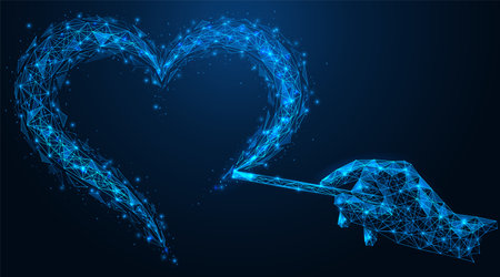 A hand with a magic wand draws a heart shape in the air. Witchcraft for love. Polygonal construction of concatenated lines and points. Blue background.のイラスト素材