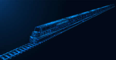 Freight train. Overland cargo delivery. A locomotive running on rails. Polygonal construction of...