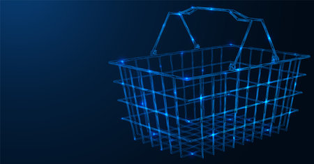 Shopping cart. Online store. Polygonal construction of concatenated lines and points. Blue background.のイラスト素材