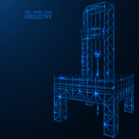 Oil and gas drilling rig. Polygonal construction of concatenated lines and points. Blue background.のイラスト素材