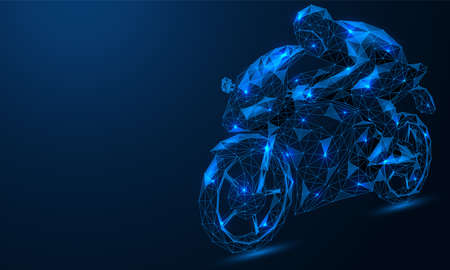 A racer on a sports motorcycle. Polygonal construction of concatenated lines and points. Blue background.のイラスト素材