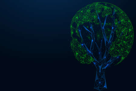 Planet Earth Day. The tree trunk holds the green continents. The concept of environmental protection. Polygonal construction of lines and points.のイラスト素材