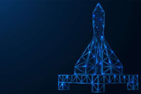 A platform for launching spacecraft into space. Racks with a rocket. Polygonal construction of concatenated lines and points. Blue background.のイラスト素材
