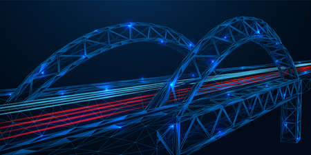 Futuristic road bridge. Freeway. The effect of night lights. Low-poly construction of thin...