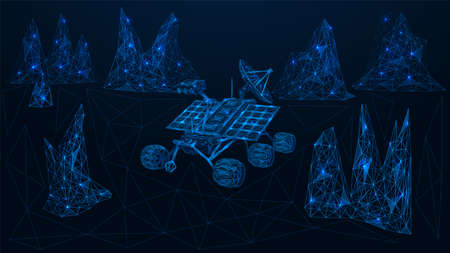 The rover is exploring the planet. Rocky terrain. Polygonal construction. Blue background.