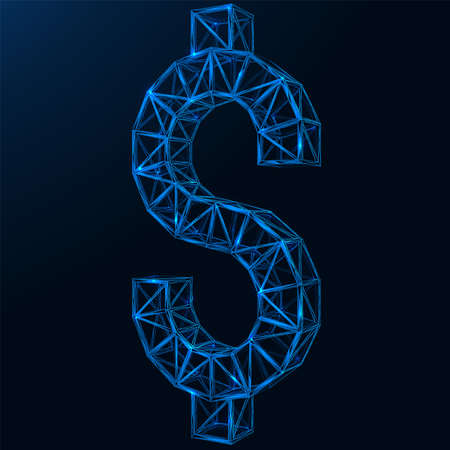The structural symbol of the Dollar. Construction of connected blocks. Polygonal design of lines and points. Blue background.のイラスト素材