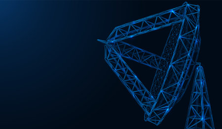 Satellite radar antenna. Sending and receiving signals. Polygonal construction of lines and points. Blue background.のイラスト素材