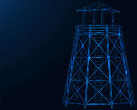 Watchtower. A tower observation post. Polygonal construction of lines and points. Blue background.のイラスト素材