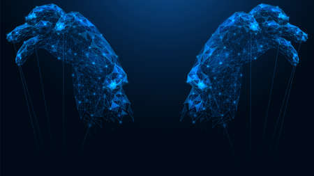 Hands of the puppeteer. Psychological manipulation and control over a person. Polygonal construction of lines and points. Blue background.のイラスト素材