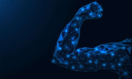 The musculature of the human arm. A show of force. Polygonal construction of lines and points. Blue...