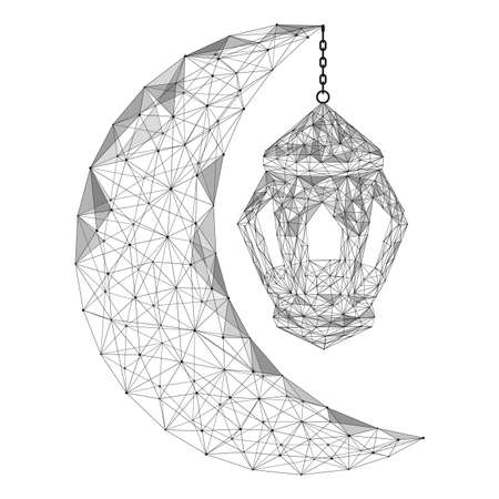 A crescent moon with a lantern hanging from it. Low-poly construction of lines and dots.のイラスト素材