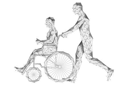 A person with disabilities in a wheelchair on a walk with a friend. Low-poly construction of intertwining lines and dots.のイラスト素材