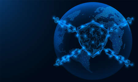 Planet Earth is protected by a shield and a chain covering the globe. Polygonal construction of lines and points. Blue background.のイラスト素材