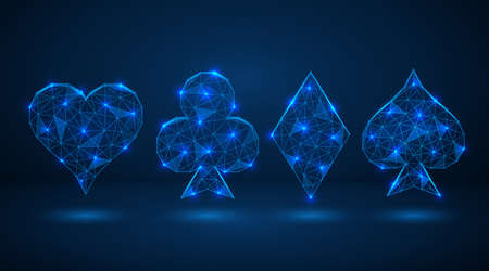 Suits of playing cards. Polygonal construction of concatenated lines and points. Blue background.のイラスト素材