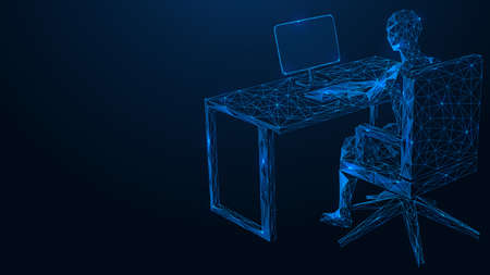 A businessman working at a computer. Polygonal construction of lines and points. Blue background.
