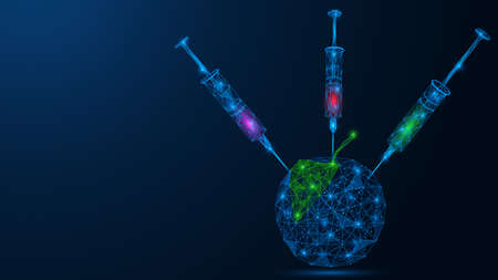 Apple with GMO. Injection of substances with a syringe into the fruit. Polygonal construction of lines and points.のイラスト素材