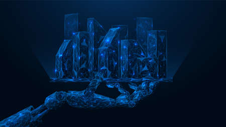 The robot's hand holds a tablet with a hologram of a smart city. Polygonal construction of lines and points. Blue background.のイラスト素材