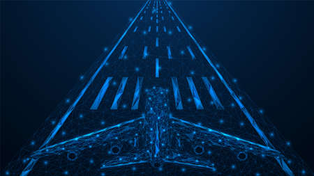 The plane is at the start of the runway. Polygonal construction of lines and points. Blue background.のイラスト素材