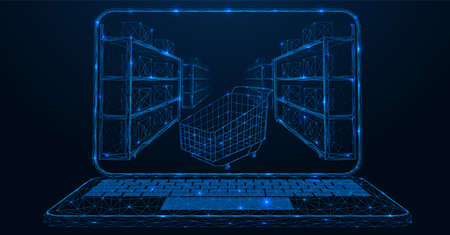 Online store. Shopping cart and shelves with goods in the laptop monitor screen. A low-poly construction of lines and dots. Blue background.のイラスト素材