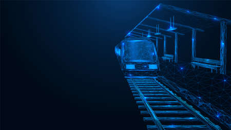 The train is at a stop point. Railway station. Polygonal construction of interconnected lines and points. Blue background.のイラスト素材