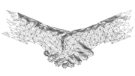 Handshake, mutual agreement. Polygonal construction of interconnected lines and points. White background.のイラスト素材
