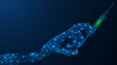 The syringe is in the robot's hand. The use of artificial intelligence in medicine. Polygonal construction of interconnected lines and points. Blue background.のイラスト素材