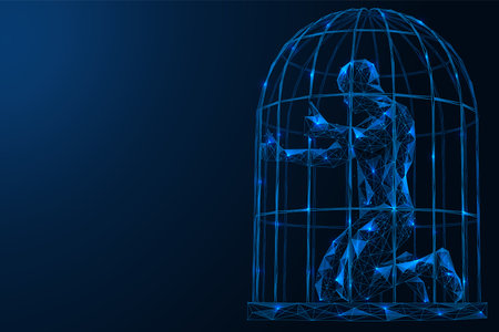 A man in a cage. A person in need of psychological help. Isolation from the outside world. A low-poly construction of interconnected lines and points. Blue background.のイラスト素材