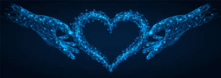 Two hands hold a heart assembled from fragments. Polygonal construction of interconnected lines and points. Blue background.のイラスト素材