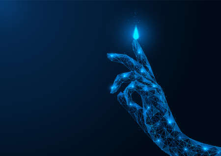The flame on the finger of the hand. Polygonal design of interconnected lines and points. Blue background.のイラスト素材