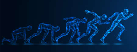 A running man. Body postures from start to run. Polygonal design of lines and dots. blue background.