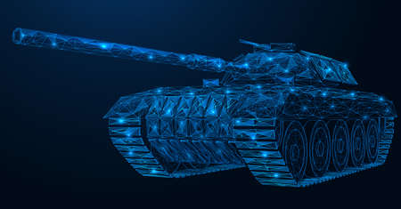 military tank. armored combat vehicle. Polygonal design of interconnected lines and points. blue background.のイラスト素材