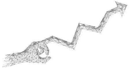 The finger of the hand in the form of a graph growth arrow. Polygonal design of interconnected lines and points.のイラスト素材