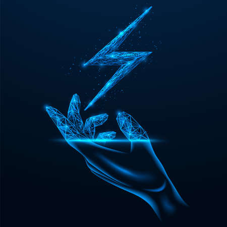 A sign of energy above the hand. Low-poly design of lines and dots. Blue background.のイラスト素材