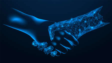 The handshake of man and artificial intelligence. Polygonal design of interconnected lines and points. blue background.のイラスト素材