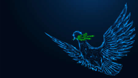 A flying pigeon with a twig in its beak. A symbol of faith and hope. Polygonal design of lines and dots. blue background.のイラスト素材