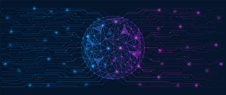 World of the metaverse. Printed circuit board connected to a polygonal sphere. Low-poly design of...