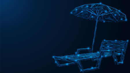 Beach lounger with an umbrella. Relaxing on the beach. Polygonal design of lines and dots. blue background.のイラスト素材