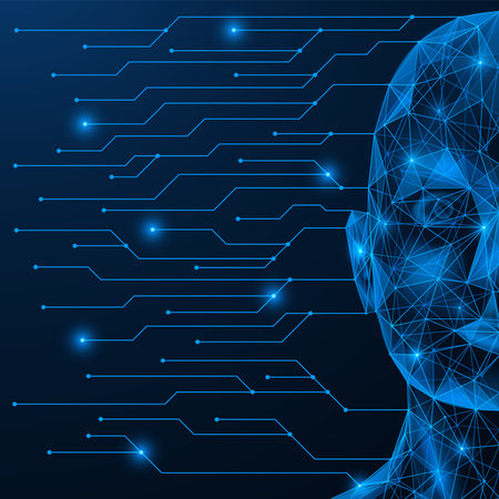 Circuit board is connected to a part of the artificial intelligence face. Polygonal design of lines and dots. blue background.のイラスト素材