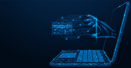 Hand from the laptop copies the information from the payment card. Polygonal design of interconnected lines and points. blue background.のイラスト素材